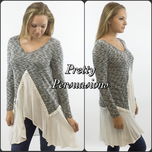 SOLD OUT 🎉Black Gray Slub Knit Pom Pom Trim Top - Picture 4 of 4