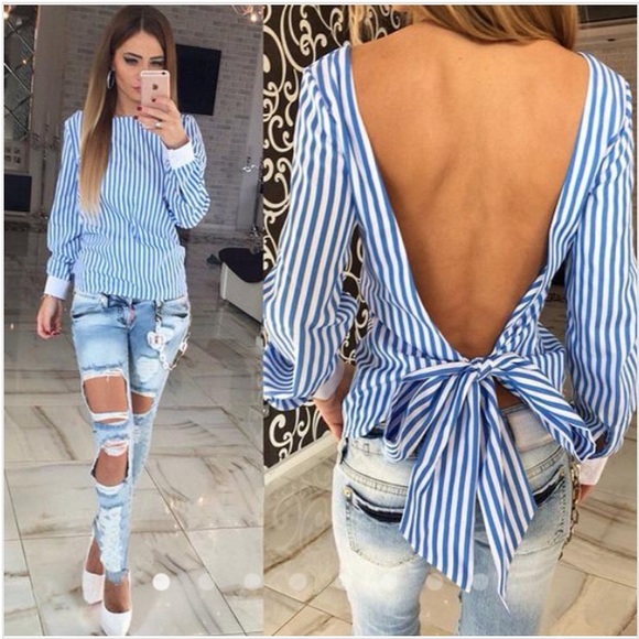 Bar III Tops - Blue and White Striped Backless Bow Tie Blouse S