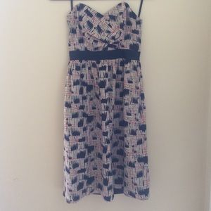 Anthropologie Strapless Blue Motif Dress