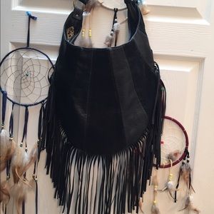 Faux leather fringe black adjustable urban purse