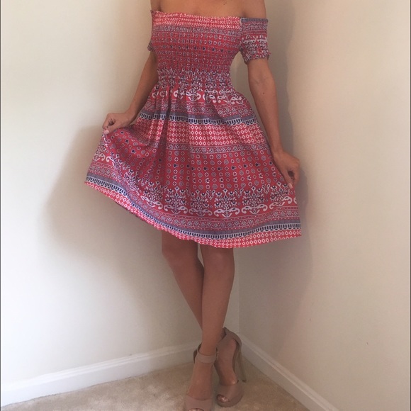 Red white and blue off the shoulder dress