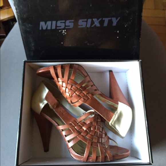 Miss Sixty Brown & gold leather sandals 8.5