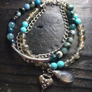 Blue & Gray Agate Sterling Silver Tripple Strand