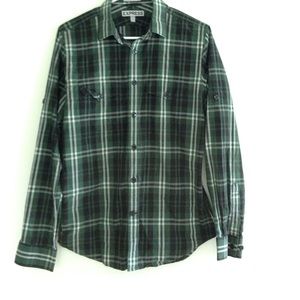 Green plaid express button up small