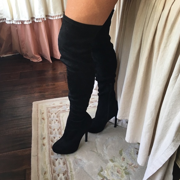 Black suede thigh high boots.  Worn once - Picture 2 of 2