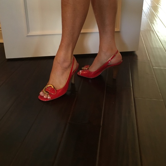 Red and gold peep toe heels.  Barely worn - Picture 2 of 4