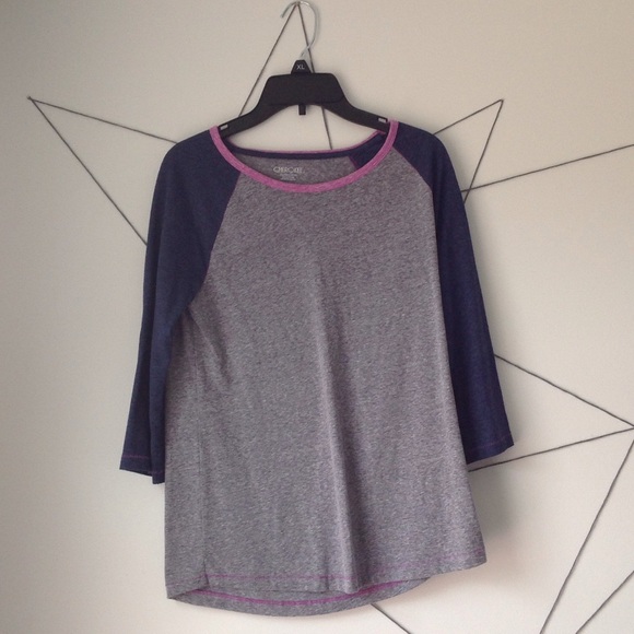 grey, navy, and purple baseball tee