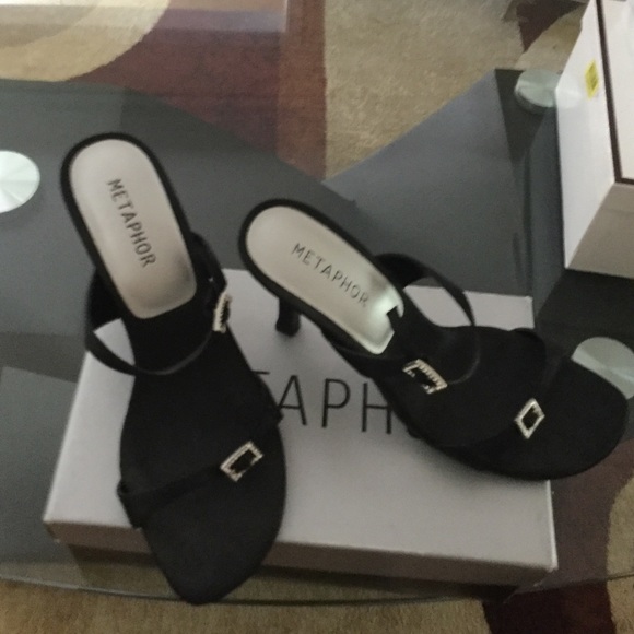 Metaphor black satin heels with rhinestone buckles