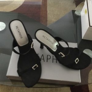 Metaphor black satin heels with rhinestone buckles