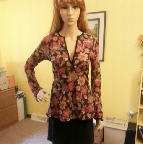 Sweet Pea Black & Multi Colored Flower Design Top