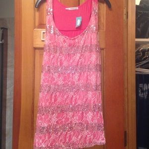 Pink tank with lace and sequin overlay - maurices