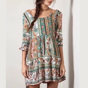 Lace Up Back Umgee Green Paisley Boho Floral Dress
