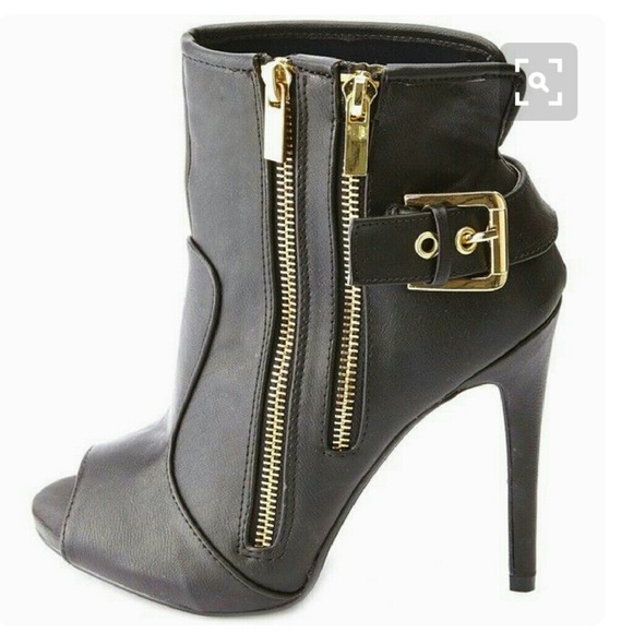 Black & Gold Leather Heeled Peep Toe Booties Heels