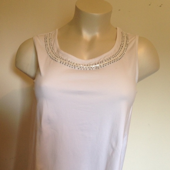 White sleeveless top Silver & white beads at neck.