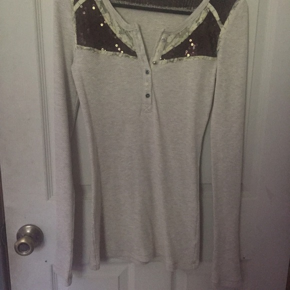 Free People M Sequin & Lace Ribbed Long Sleeve