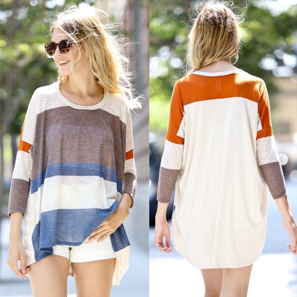 🆕CHARLIE 3/4 sleeve color block top - TAUPE/BLUE - Picture 2 of 2