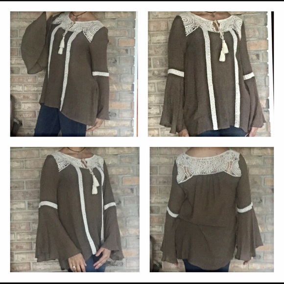Mocha Peasant Tassel Blouse Bell Sleeve Top sold - Picture 4 of 4