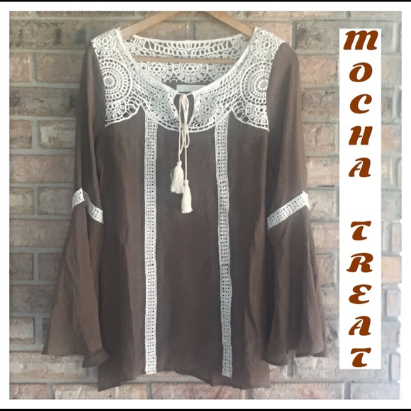 Mocha Peasant Tassel Blouse Bell Sleeve Top sold - Picture 2 of 4