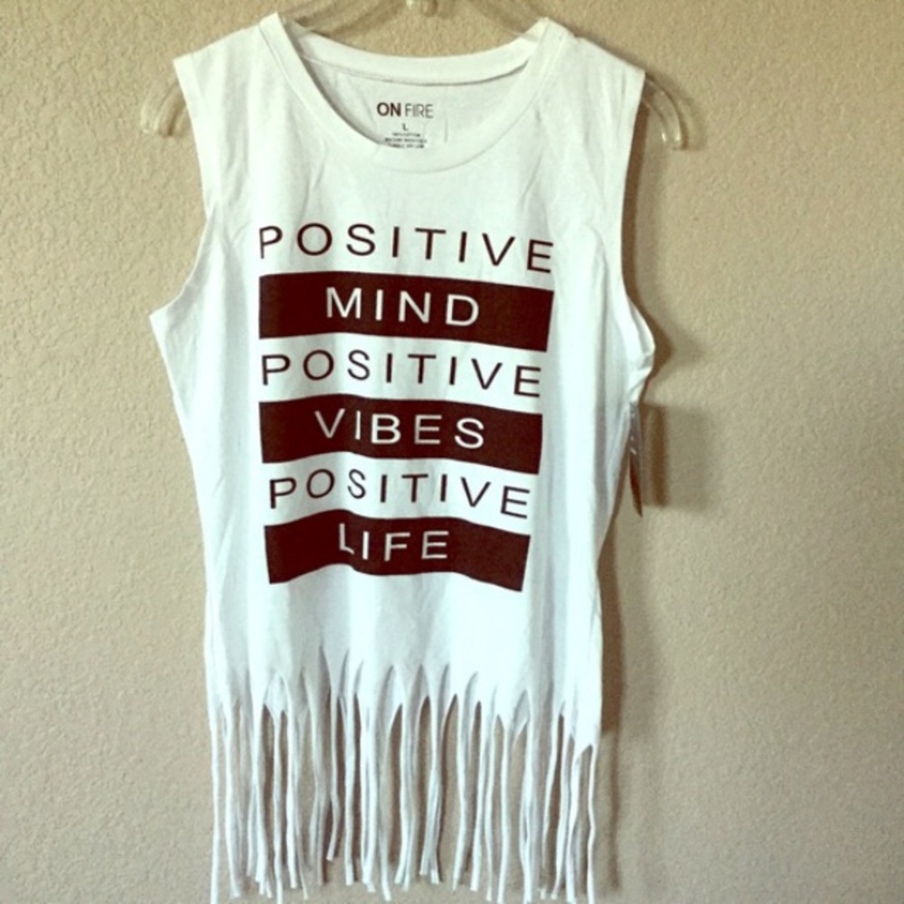 On Fire Fringe Hem “Positive" Tank Top Juniors Large NWOT - Picture 2 of 12