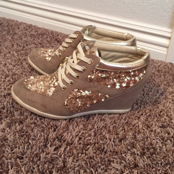 Gold sequin wedge sneakers