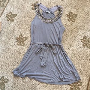 Gray Dress With Tie Waist and Neckline Details