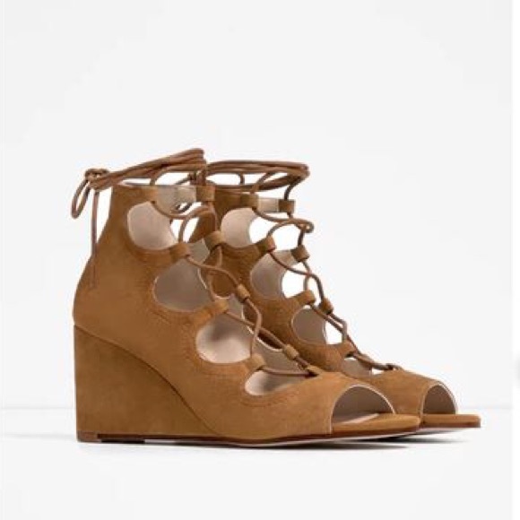 Zara Tan Suede Wrap Wedges - Picture 4 of 7