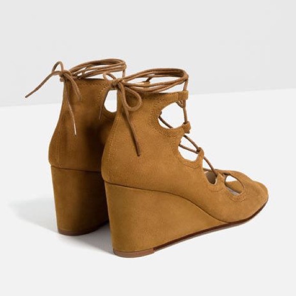 Zara Tan Suede Wrap Wedges - Picture 2 of 7