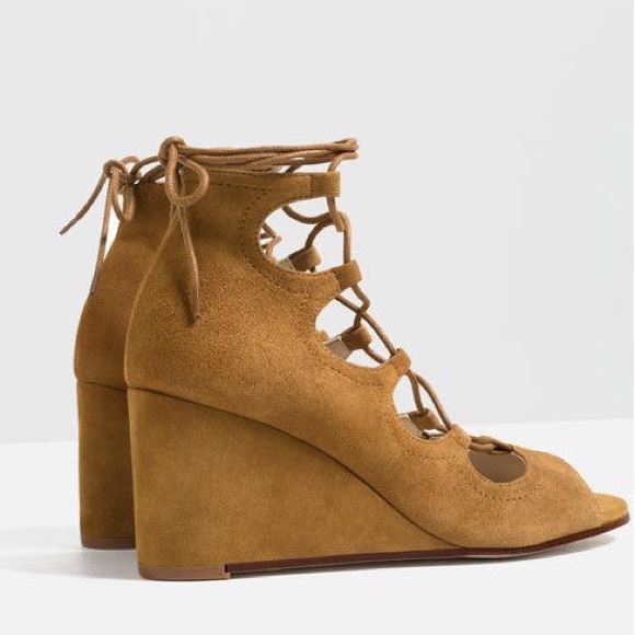 Zara Tan Suede Wrap Wedges - Picture 3 of 7