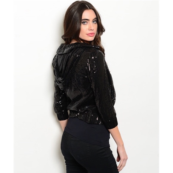Clearance LAST Cropped Sequin Bomber Hoodie Jacket - Picture 2 of 4