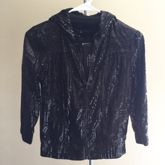 Clearance LAST Cropped Sequin Bomber Hoodie Jacket - Picture 3 of 4