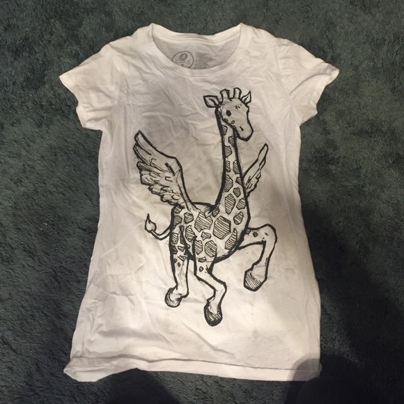 White shirt with a graphic of a giraffe with wings