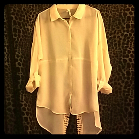 Sheer Button Up Blouse W/Split-Back Detail NWOT