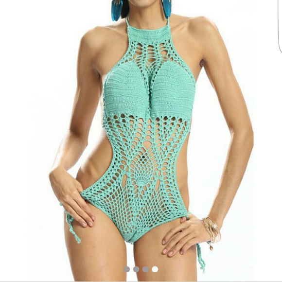 Womens Crochet One-Piece Tealish-Greenish Swimsuit