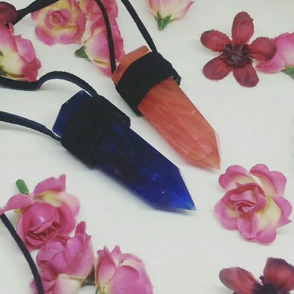 Suede wrapped Blue smelt quartz crystal necklace