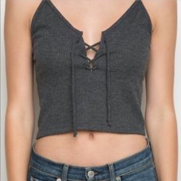 Dark gray Bethany lace up tank from Brandy