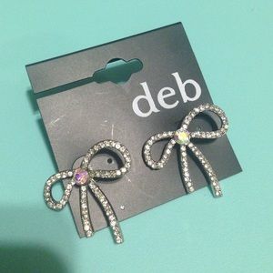 NWT Deb Silver Sparkly Rhinestone Bow Earrings