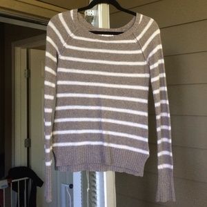 Tan and white Kenzie sweater, brown elbow patches