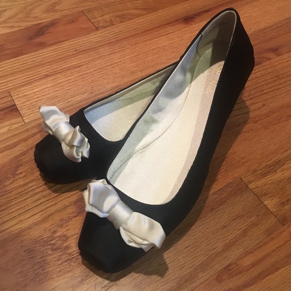 Kate Spade Black Satin Ballet Flats w/ Cream Bows