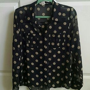 Button up blouse with tan dots