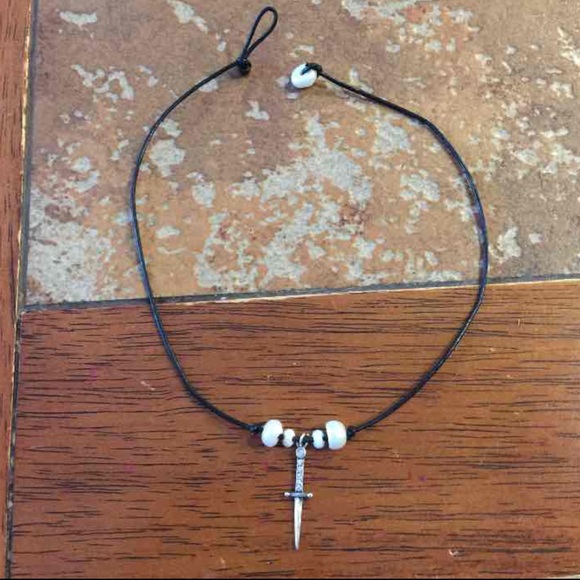 Leather lace, freshwater pearl and dagger choker
