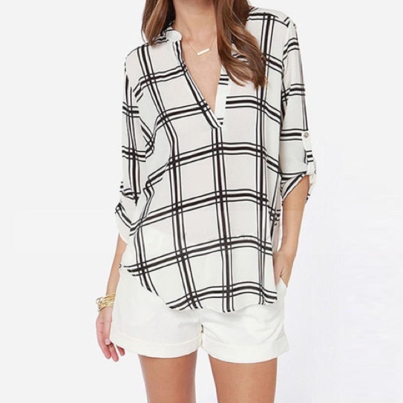 Ushoptwo Tops - Plaid Print Roll-Tab V-Neck Blouse