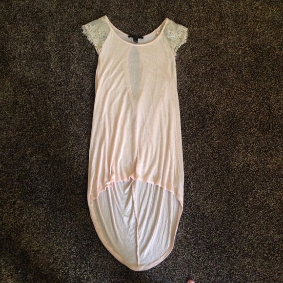 pastel pink shirt, high low cut with lace sleeves