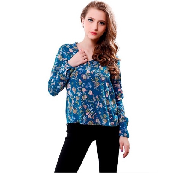 Split Neck Blouse High Low Hem Floral Printed