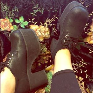 T.U.K. Distressed Leather Nosebleed platform Heels