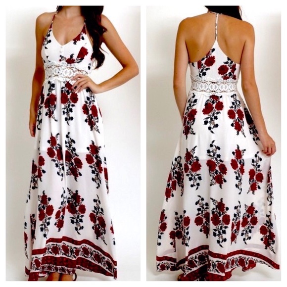 FLORAL MAXI Printed Bohemian Lace Inset Long Gown - Picture 4 of 4