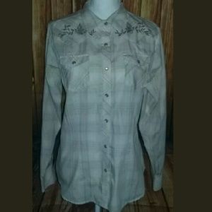 Large Plaid Button Front Cowgirl Blouse Shirt Top