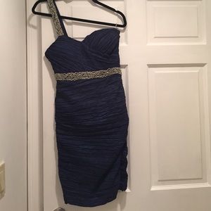 Navy blue on shoulder beaded knee high dress