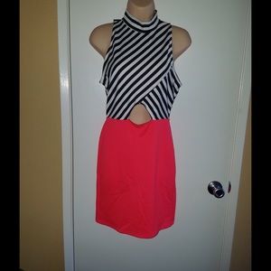 Red with black and white dress