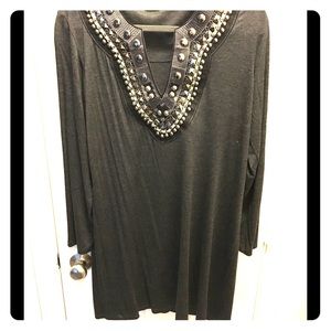 Grey, Long Sleeve Dress with beaded neckline