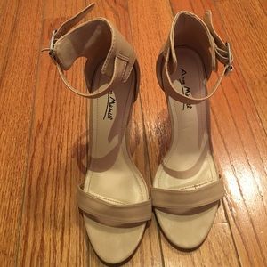 T-strap beige high heel sandals